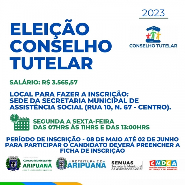 Período de inscrições para eleição do Conselho Tutelar de Aripuanã