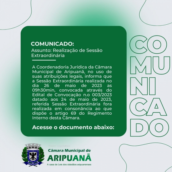 Comunicado Informando a Sessão Extraordinária do 26 de Maio 2023